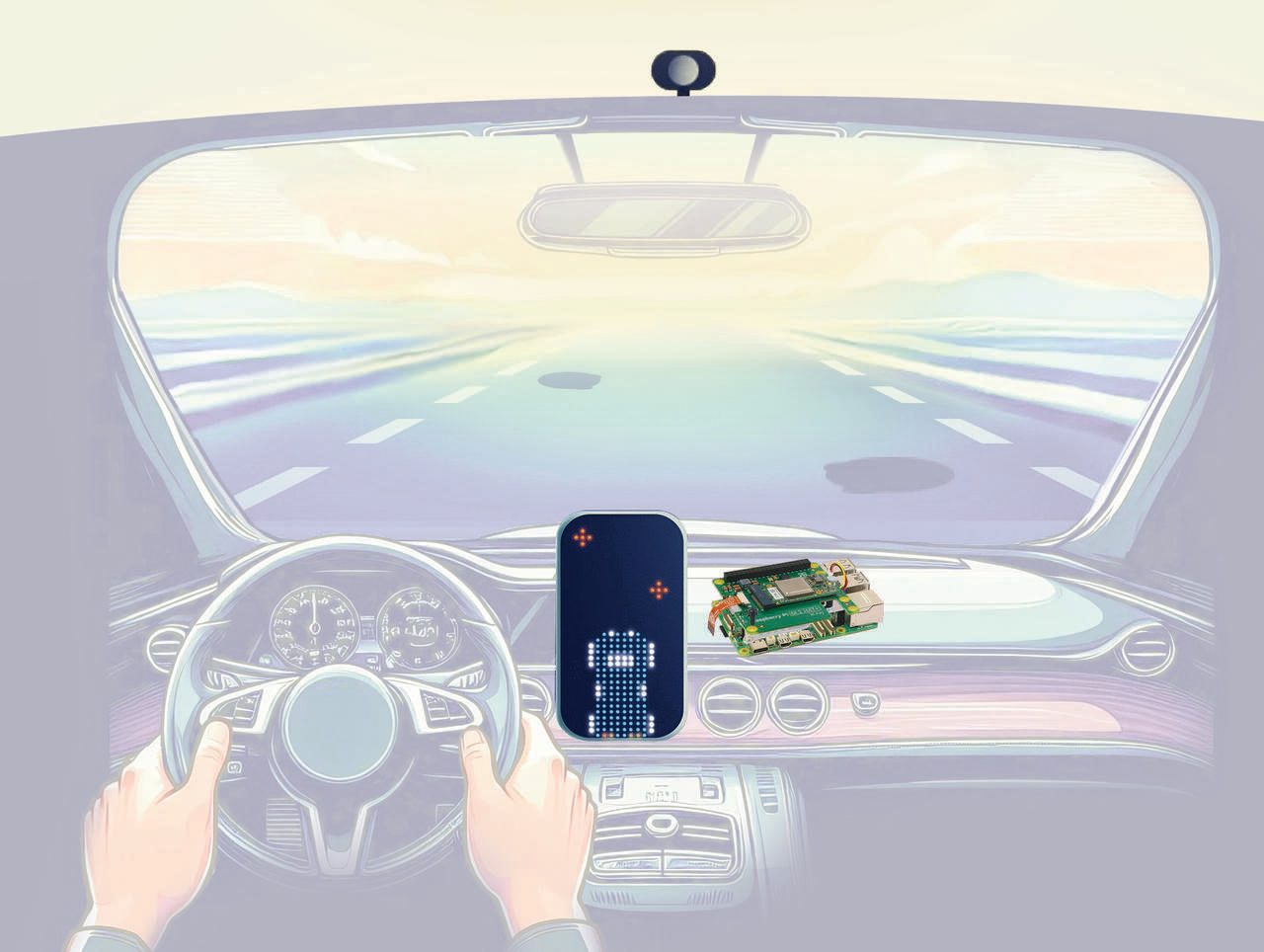 Concept illustration: windshield stereo camera and dash display alerting the driver to potholes ahead